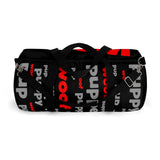 custom pup woof puppy pupper Duffle Bag red lt grey black