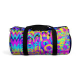 Copy of CMYK woof! duffle bag on blue background.