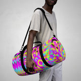 CMYK woof! duffle bag on bright magenta back ground.