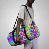 Copy of CMYK woof! duffle bag on blue background.