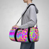 CMYK woof! duffle bag on bright magenta back ground.