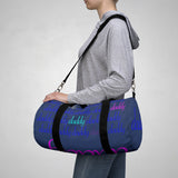 custom daddy Duffle Bag blue on blue daddy script grid with pops of color