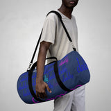 custom daddy Duffle Bag blue on blue daddy script grid with pops of color