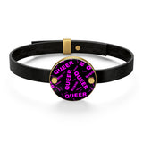 "be queer" queer Leather Bracelet (black and pink all over print)