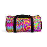 CMYK woof! duffle bag on red background.