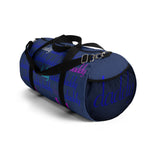custom daddy Duffle Bag blue on blue daddy script grid with pops of color