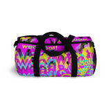 CMYK woof! duffle bag on bright magenta back ground.