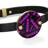 "be queer" queer Leather Bracelet (black and pink all over print)