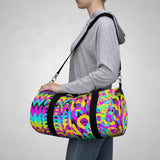 CMYK woof! duffle bag on black background.