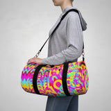 CMYK woof! duffle bag on red background.