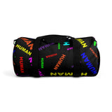 "be human" human Duffle Bag (bright rainbow and black all over print)