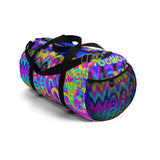 Copy of CMYK woof! duffle bag on blue background.