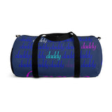 custom daddy Duffle Bag blue on blue daddy script grid with pops of color