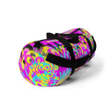CMYK woof! duffle bag on bright magenta back ground.