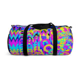 Copy of CMYK woof! duffle bag on blue background.