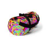 CMYK woof! duffle bag on red background.