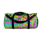CMYK woof! duffle bag on neon green background.