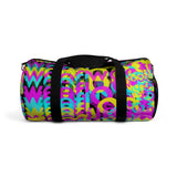 CMYK woof! duffle bag on black background.