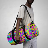 CMYK woof! duffle bag on black background.