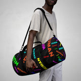"be human" human Duffle Bag (bright rainbow and black all over print)