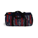 custom wolf pup hybrid Arooo! Duffle Bag crimson dark grey navy hued dark grey