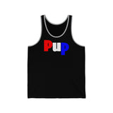 Pup all gender Jersey Tank with available contrast ringer design.