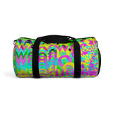 CMYK woof! duffle bag on neon green background.