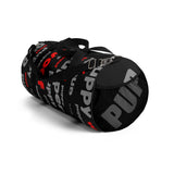 custom pup woof puppy pupper Duffle Bag red lt grey black