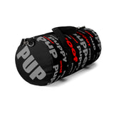 custom pup woof puppy pupper Duffle Bag red lt grey black