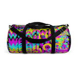 CMYK woof! duffle bag on black background.
