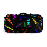 "be human" human Duffle Bag (bright rainbow and black all over print)