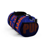 custom puppy Duffle Bag "PUP" dark blue and dark orange version three