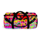 CMYK woof! duffle bag on red background.