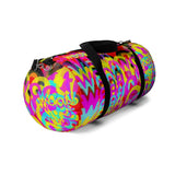 CMYK woof! duffle bag on red background.