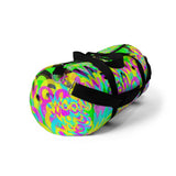 CMYK woof! duffle bag on neon green background.