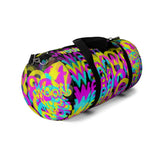CMYK woof! duffle bag on black background.