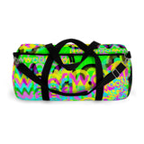CMYK woof! duffle bag on neon green background.