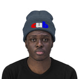 embroidered cub Knit Beanie red white and blue