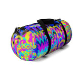 Copy of CMYK woof! duffle bag on blue background.