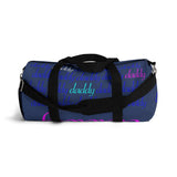 custom daddy Duffle Bag blue on blue daddy script grid with pops of color