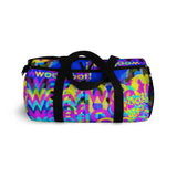 Copy of CMYK woof! duffle bag on blue background.