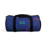 custom daddy Duffle Bag blue on blue daddy script grid with pops of color