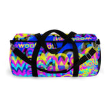 Copy of CMYK woof! duffle bag on blue background.