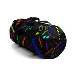 "be human" human Duffle Bag (bright rainbow and black all over print)