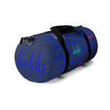 custom daddy Duffle Bag blue on blue daddy script grid with pops of color