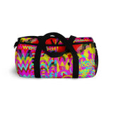 CMYK woof! duffle bag on red background.