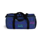 custom daddy Duffle Bag blue on blue daddy script grid with pops of color
