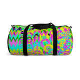CMYK woof! duffle bag on neon green background.