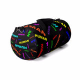 "be human" human Duffle Bag (bright rainbow and black all over print)