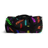 "be human" human Duffle Bag (bright rainbow and black all over print)